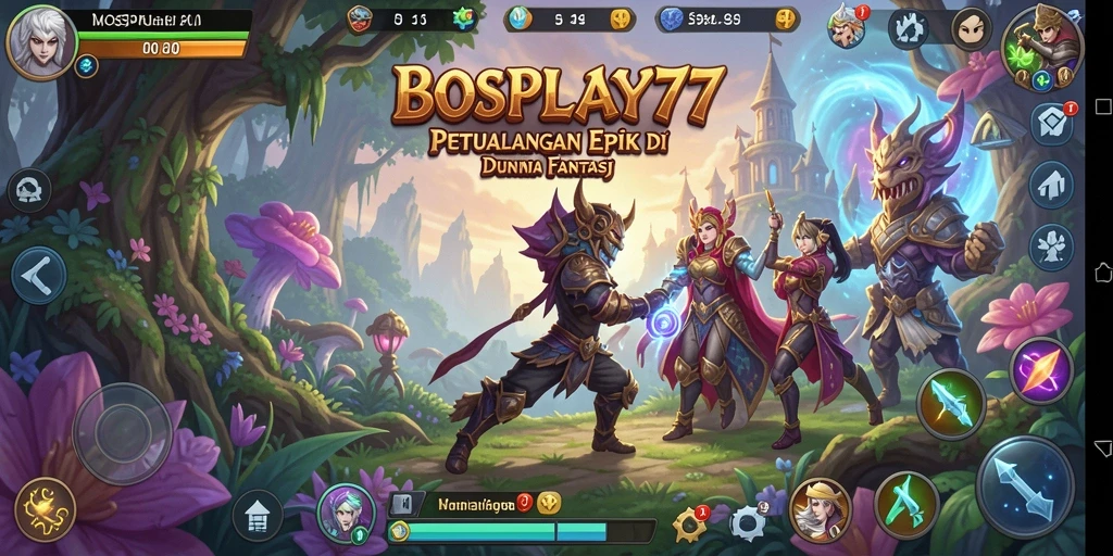 Tangkapan layar BOSPLAY77 menampilkan pertarungan seru dan lingkungan fantastis.